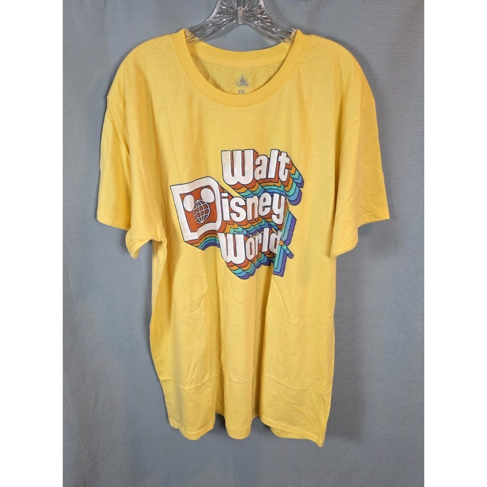 Walt Disney World T-Shirt  2XL Yellow Retro Spell Out 70s Casual Short‎ Sleeve
